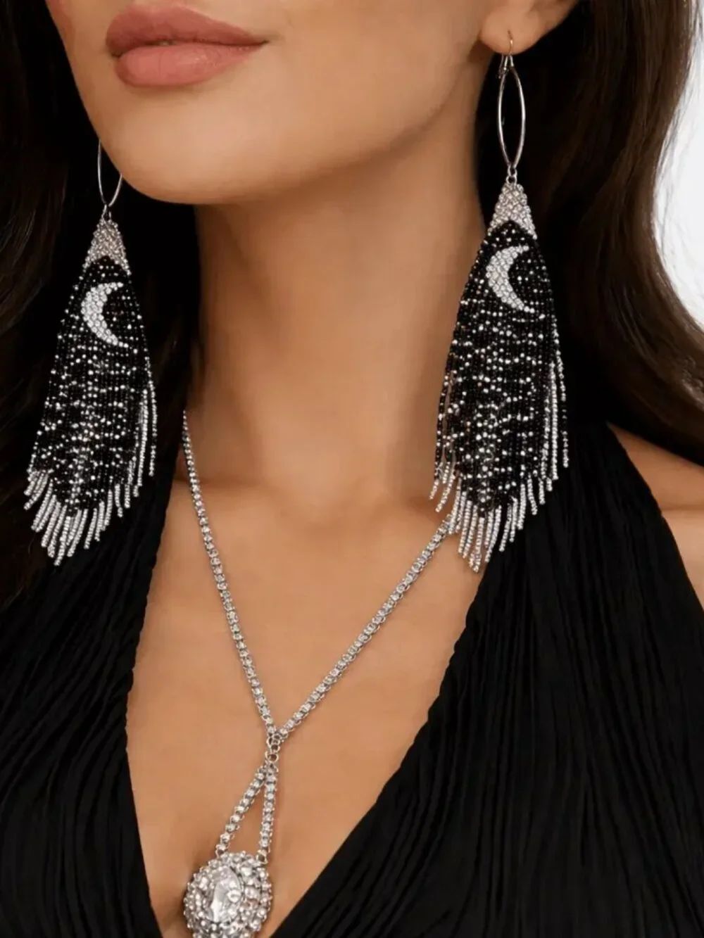Black Silver Moon Beaded Fringe Earrings Handmade NWT